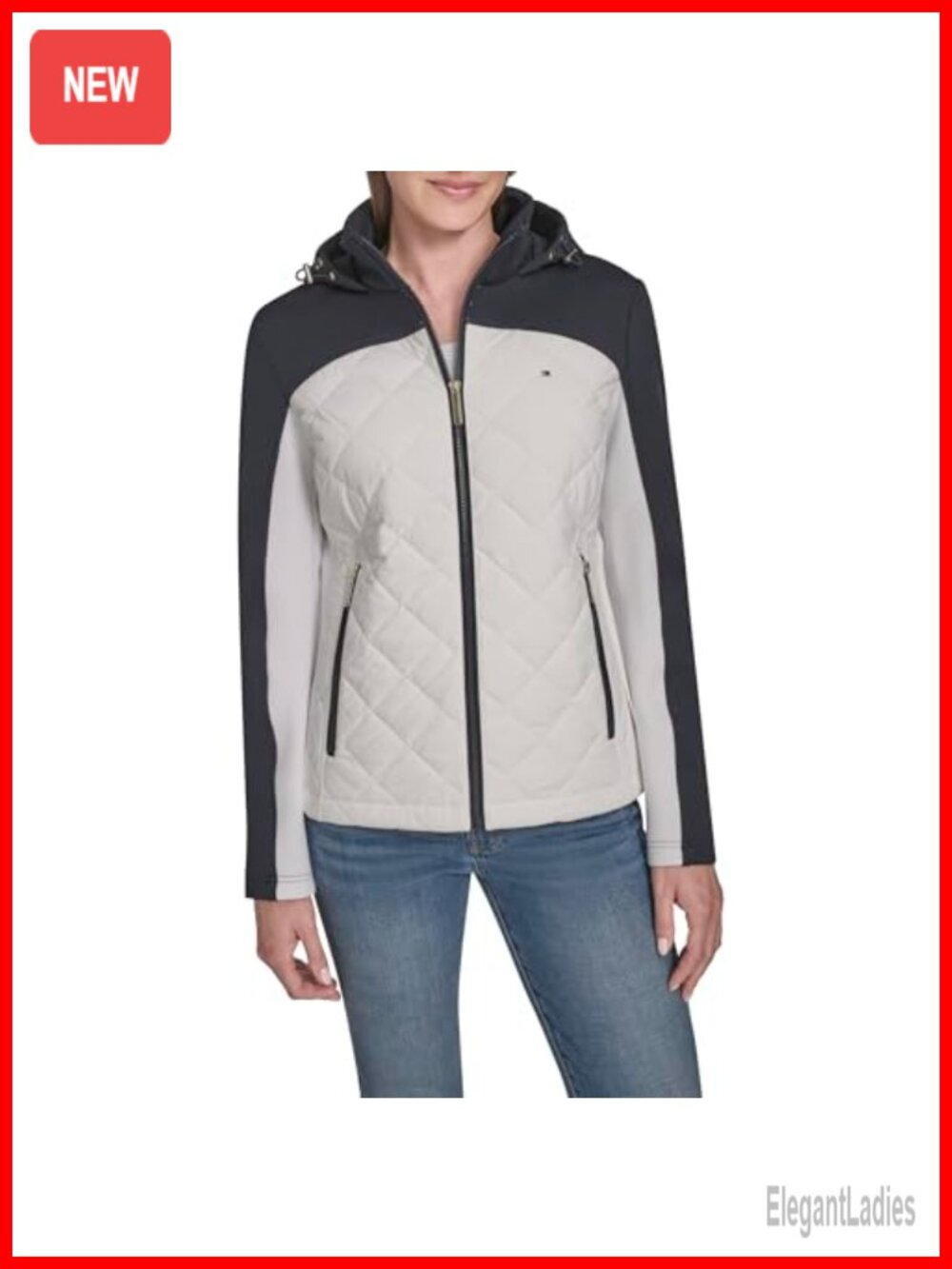 Quilted Scuba Hooded Jacket Colorblock Zip Up Long Sleeve